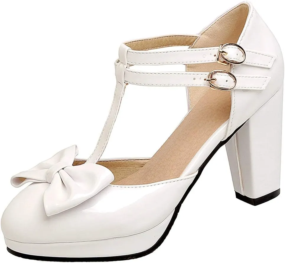 Parisuit Womens Mary Jane Chunky Platform Rockabilly Pumps T Strap High Heel Patent Leather Bowtie Dress Shoes