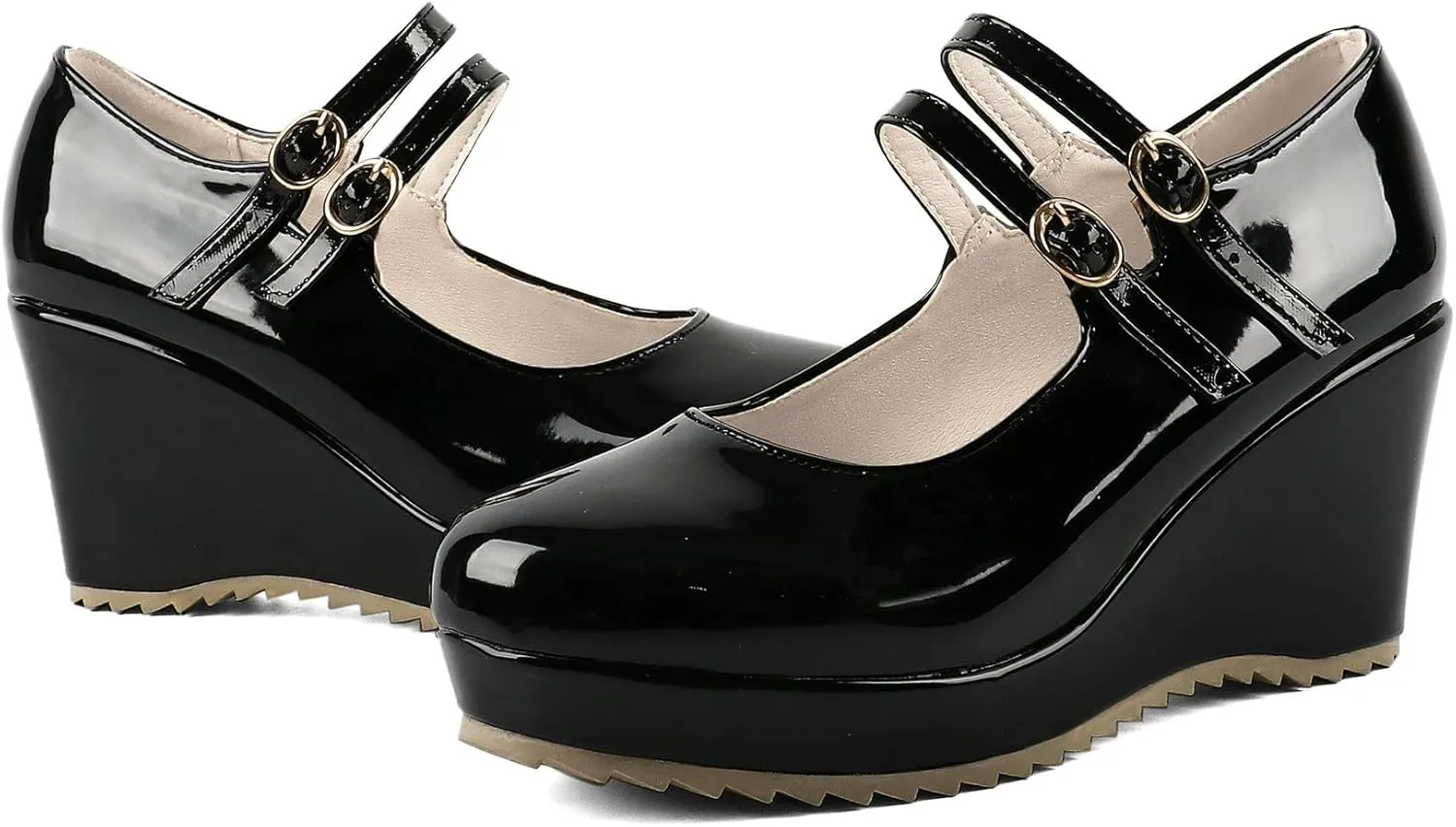 Parisuit Womens Mary Jane Wedge Platform Shoes Patent Leather Ankle Strap Pumps Sweet Shoes