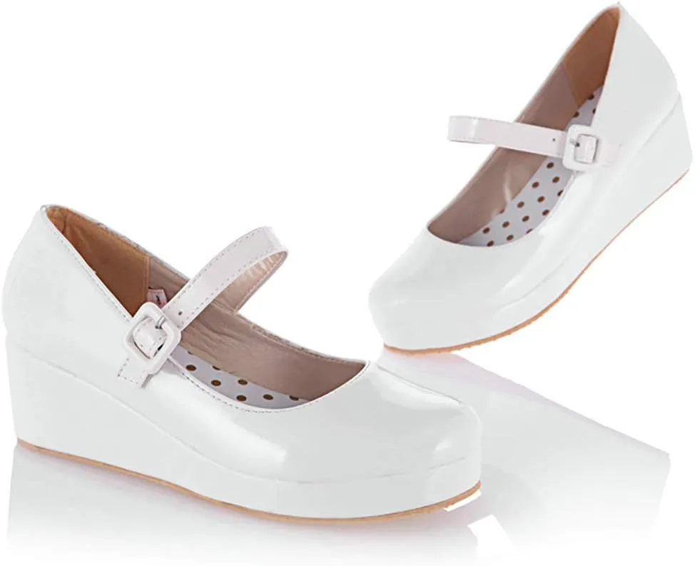 Parisuit Womens Mary Jane Wedge Platform Shoes Patent Leather Ankle Strap Pumps Sweet Shoes