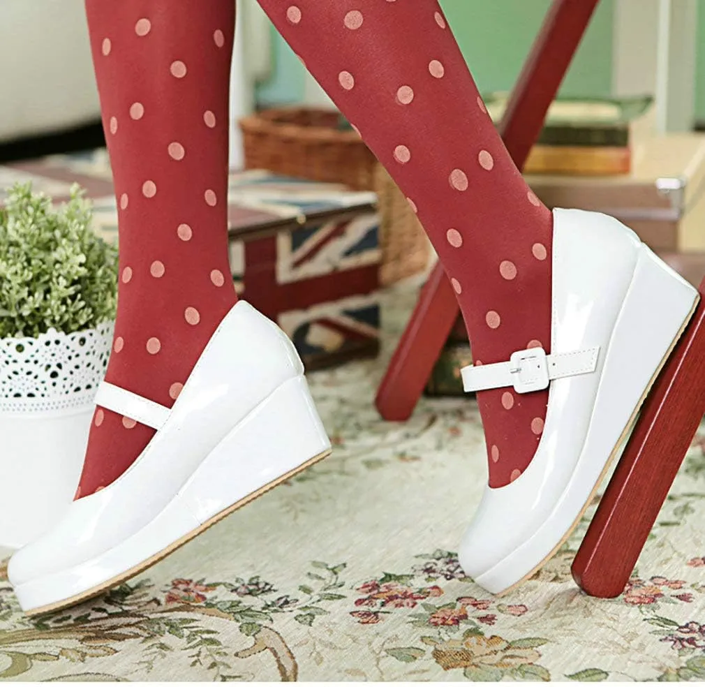 Parisuit Womens Mary Jane Wedge Platform Shoes Patent Leather Ankle Strap Pumps Sweet Shoes