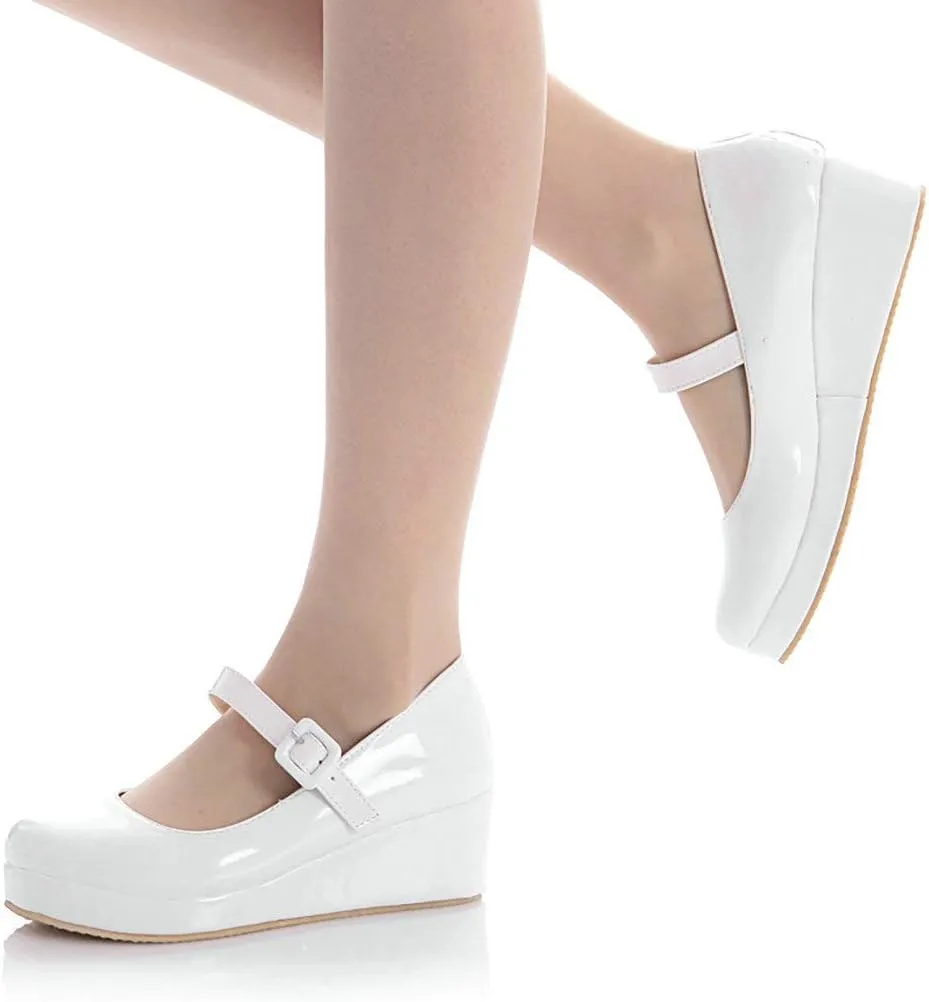 Parisuit Womens Mary Jane Wedge Platform Shoes Patent Leather Ankle Strap Pumps Sweet Shoes
