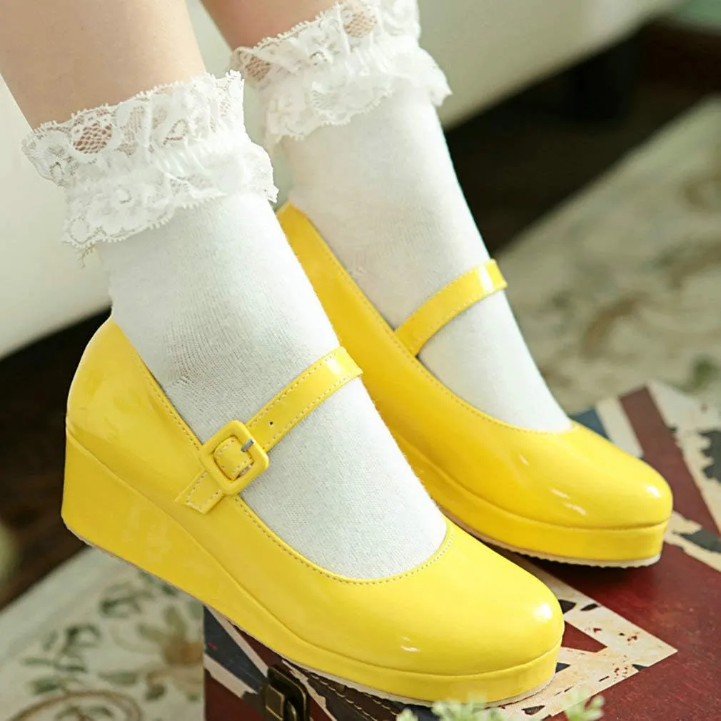 Parisuit Womens Mary Jane Wedge Platform Shoes Patent Leather Ankle Strap Pumps Sweet Shoes