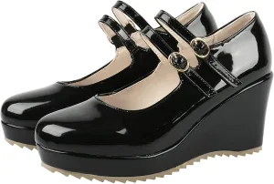 Parisuit Womens Mary Jane Wedge Platform Shoes Patent Leather Ankle Strap Pumps Sweet Shoes