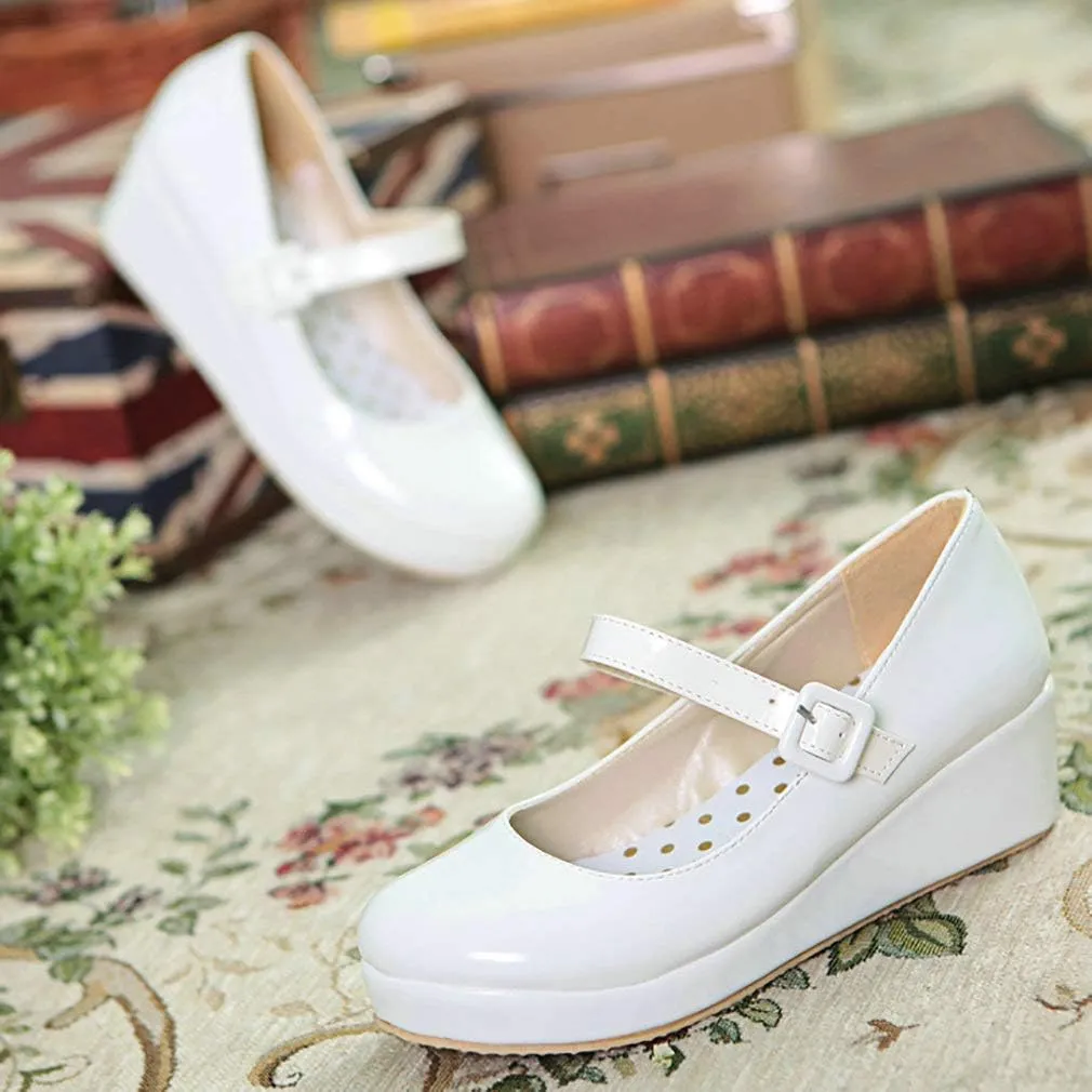 Parisuit Womens Mary Jane Wedge Platform Shoes Patent Leather Ankle Strap Pumps Sweet Shoes