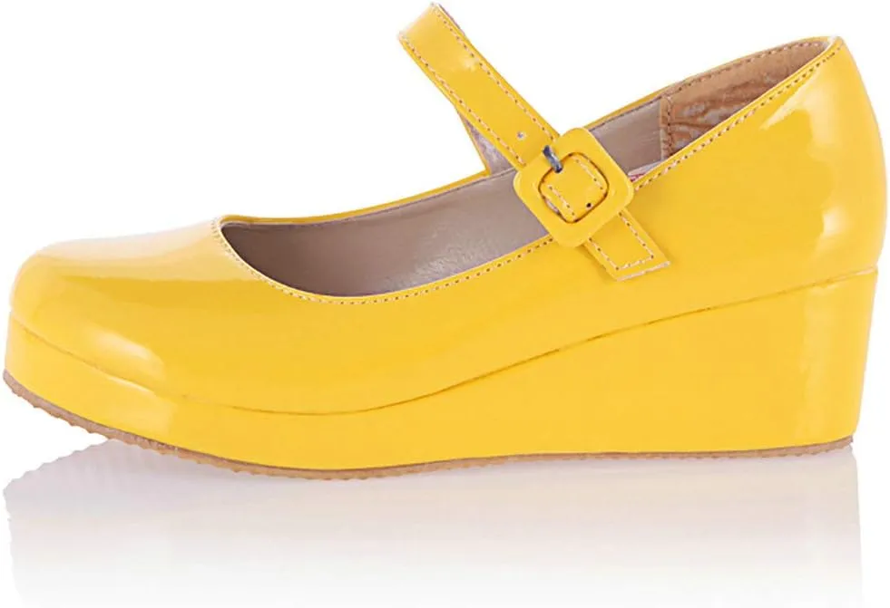 Parisuit Womens Mary Jane Wedge Platform Shoes Patent Leather Ankle Strap Pumps Sweet Shoes