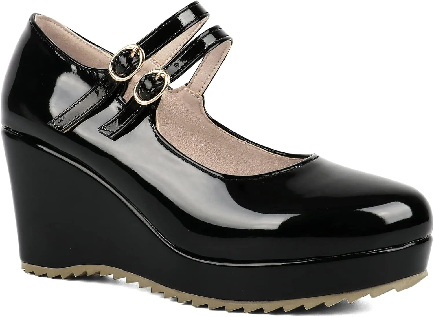 Parisuit Womens Mary Jane Wedge Platform Shoes Patent Leather Ankle Strap Pumps Sweet Shoes