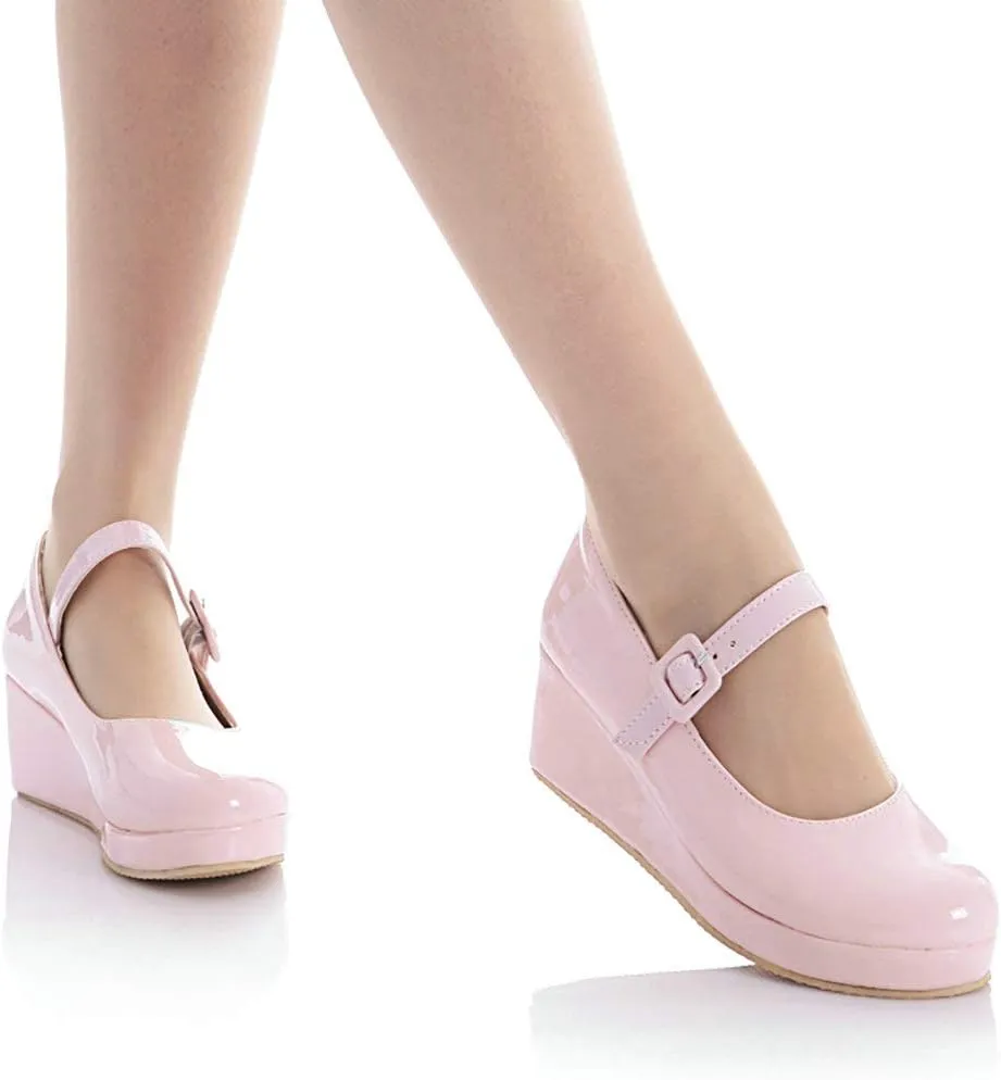 Parisuit Womens Mary Jane Wedge Platform Shoes Patent Leather Ankle Strap Pumps Sweet Shoes