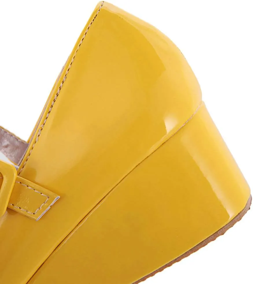 Parisuit Womens Mary Jane Wedge Platform Shoes Patent Leather Ankle Strap Pumps Sweet Shoes