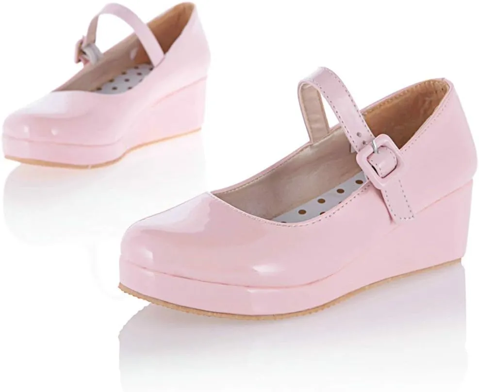 Parisuit Womens Mary Jane Wedge Platform Shoes Patent Leather Ankle Strap Pumps Sweet Shoes