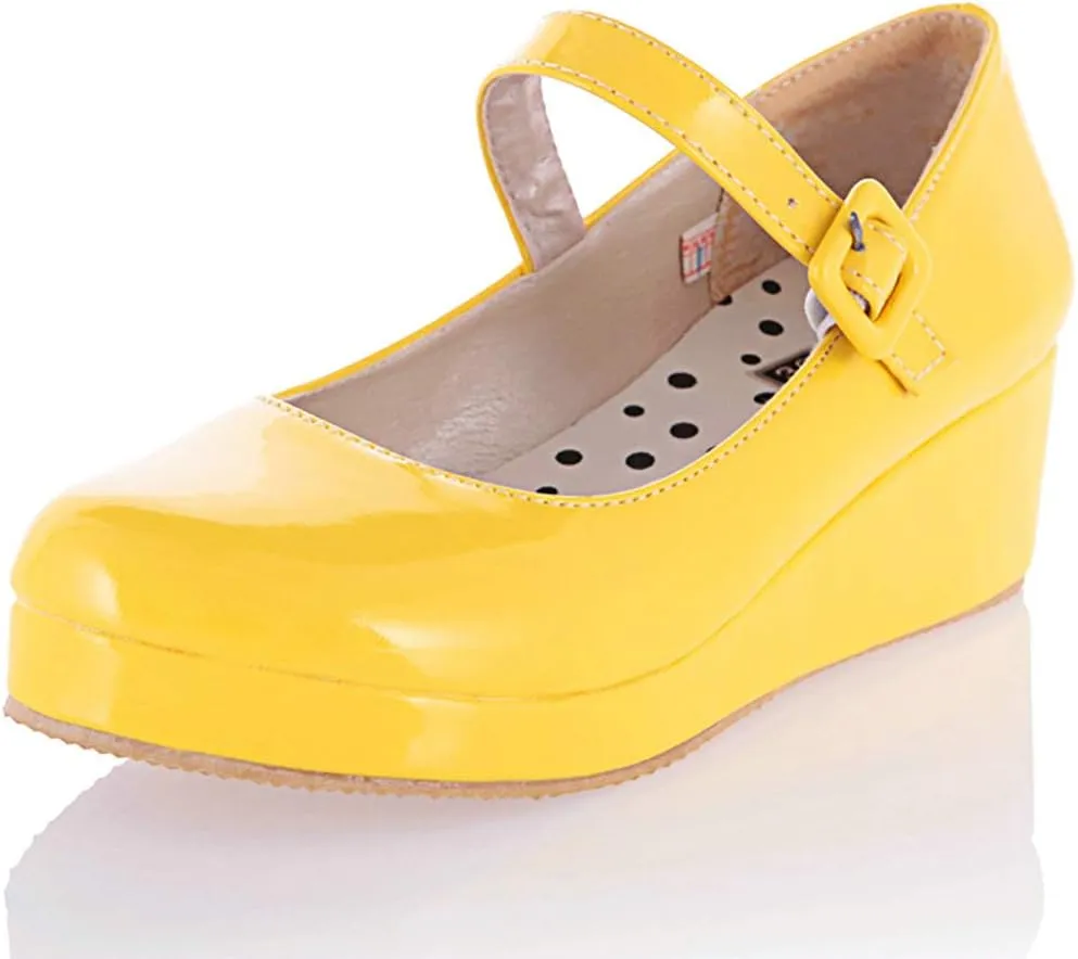 Parisuit Womens Mary Jane Wedge Platform Shoes Patent Leather Ankle Strap Pumps Sweet Shoes