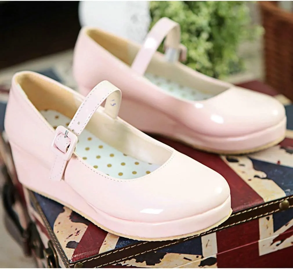 Parisuit Womens Mary Jane Wedge Platform Shoes Patent Leather Ankle Strap Pumps Sweet Shoes