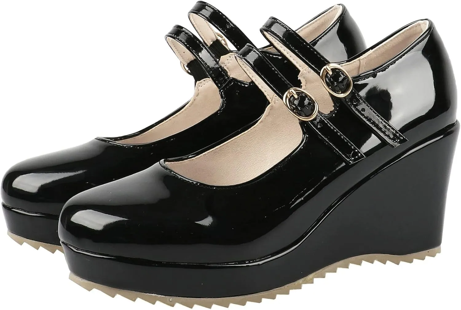 Parisuit Womens Mary Jane Wedge Platform Shoes Patent Leather Ankle Strap Pumps Sweet Shoes