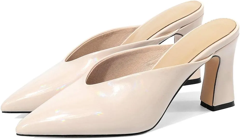 Parisuit Women's Pointed Toe Slip On Mules Chunky High Heels Slingbck Slide Sandal Sexy Dress Shoes