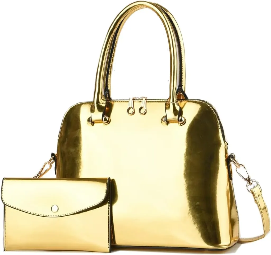 Patent Leather Handbags Shiny Shoulder Bag Elegant Top-handle Purse Come with MINI Clutch for Women