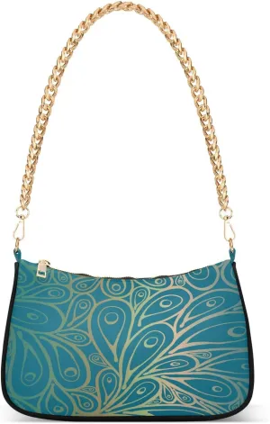 Peacock Feather Texture Vintage Style Shoulder Handbags for Women Travel Hobo Tote Handbag Women Gold Chain Shoulder Bags Purse with Zipper Closure