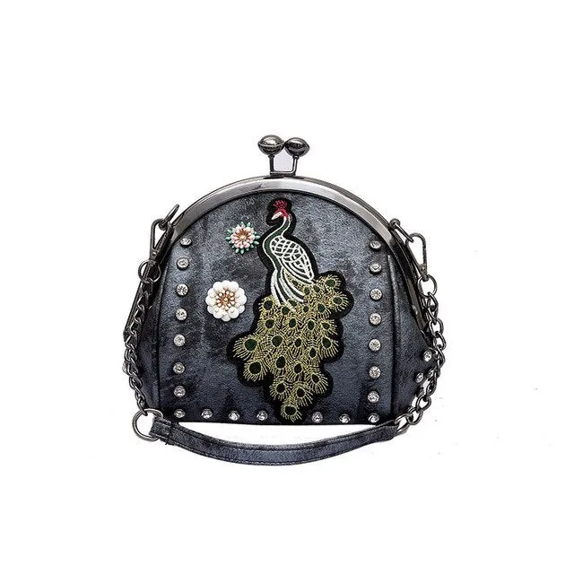 Peacock pattern embroidered lady handbag