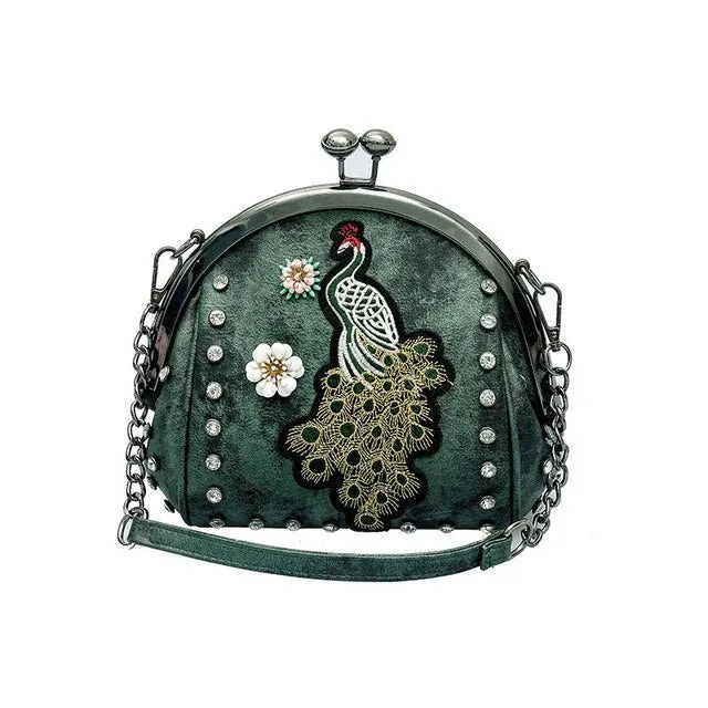 Peacock pattern embroidered lady handbag