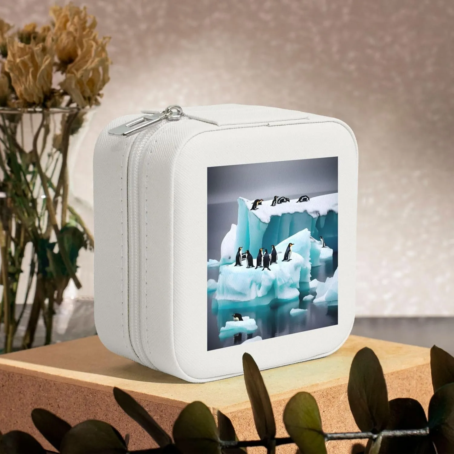 Penguins On The Iceberg Print Jewelry Storage Bag,Pu Leather Jewelry Case Box,Travel Storage Case Brithday Gift For Women