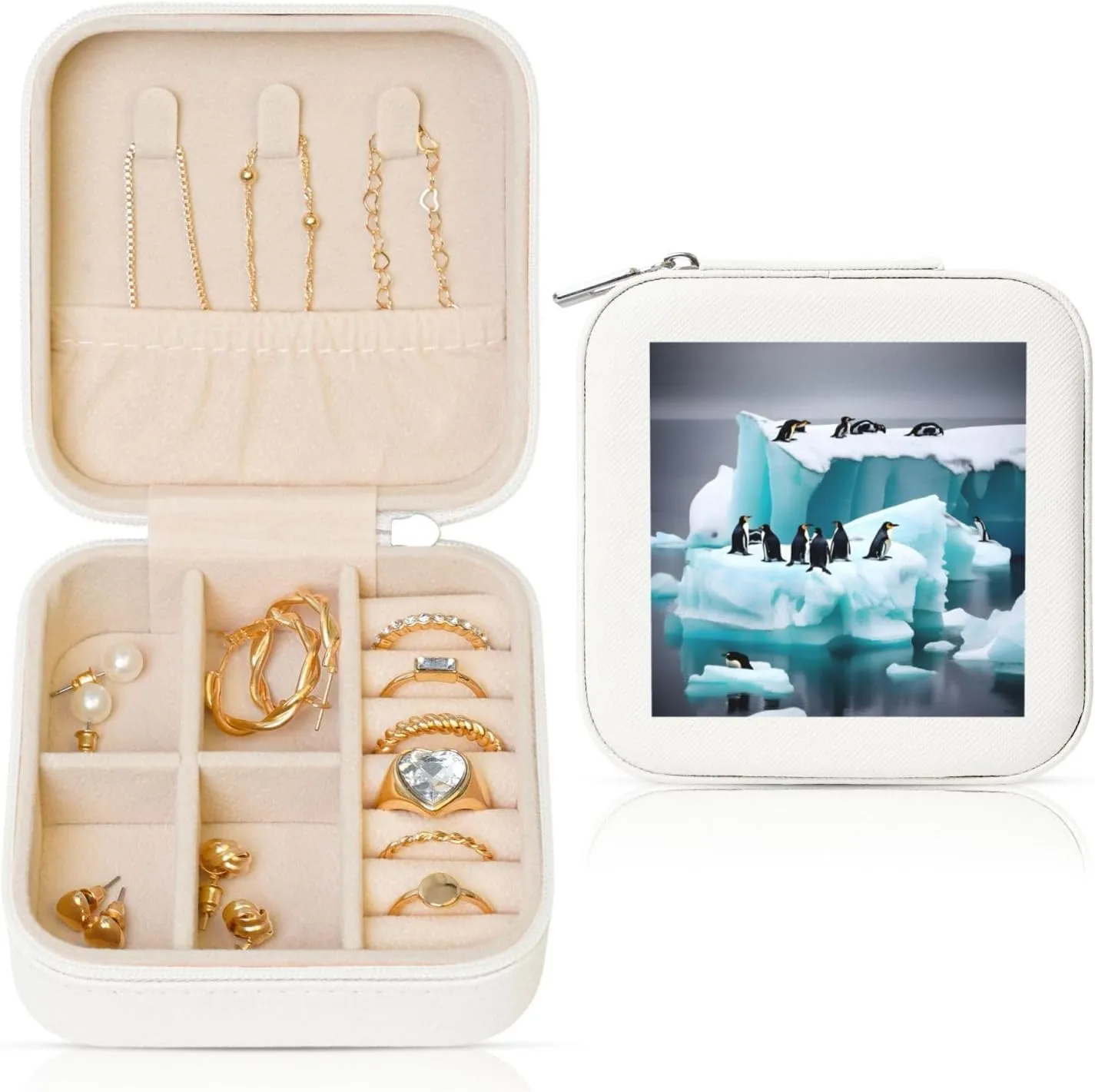 Penguins On The Iceberg Print Jewelry Storage Bag,Pu Leather Jewelry Case Box,Travel Storage Case Brithday Gift For Women