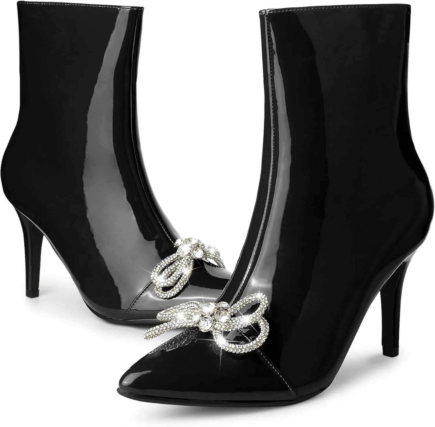 Perphy Patent Leather Boot Bow Rhinestone Pointy Toe Stiletto Heels Ankle Boots for Women