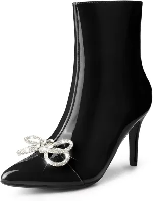 Perphy Patent Leather Boot Bow Rhinestone Pointy Toe Stiletto Heels Ankle Boots for Women
