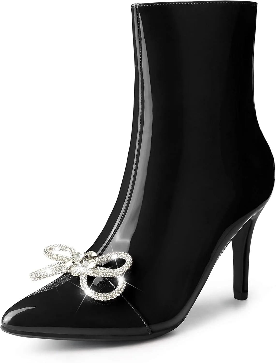 Perphy Patent Leather Boot Bow Rhinestone Pointy Toe Stiletto Heels Ankle Boots for Women