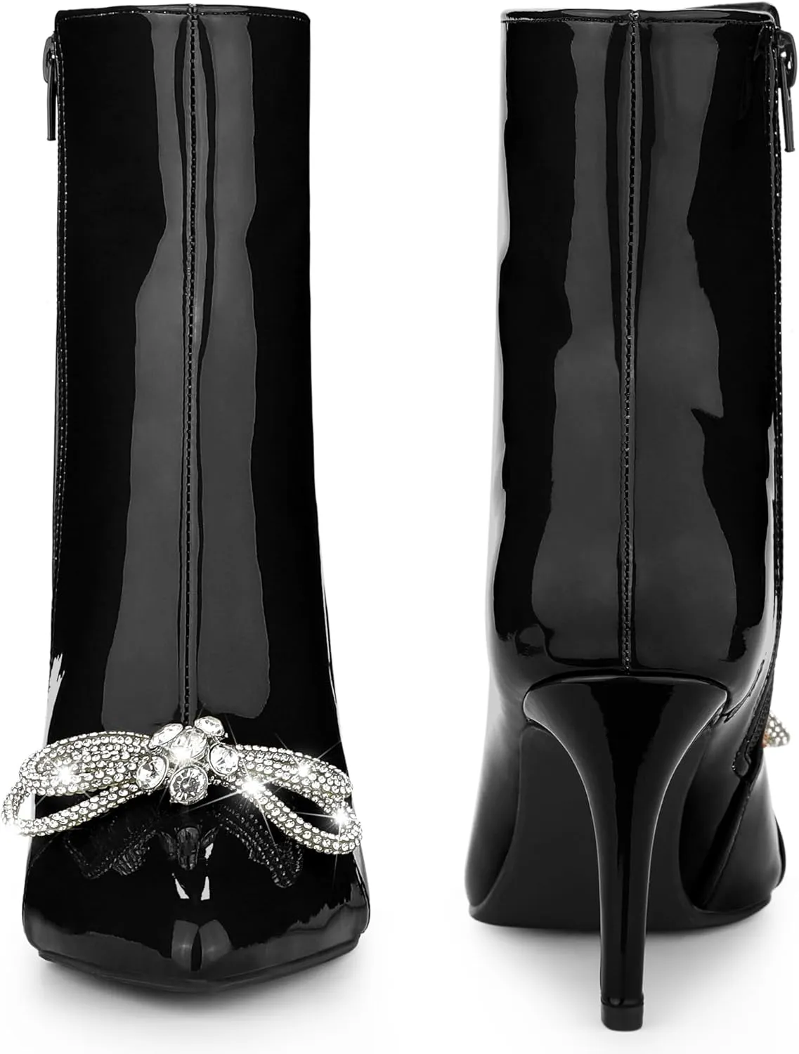 Perphy Patent Leather Boot Bow Rhinestone Pointy Toe Stiletto Heels Ankle Boots for Women