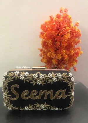 Personalized Handwork embroidery Clutch Purse for Women, Beaded Clutch Crossbody Bag with Gold Chain Strap for Wedding, Bridal Shower, Bachelorette Party, Perfect Bridal (Black)