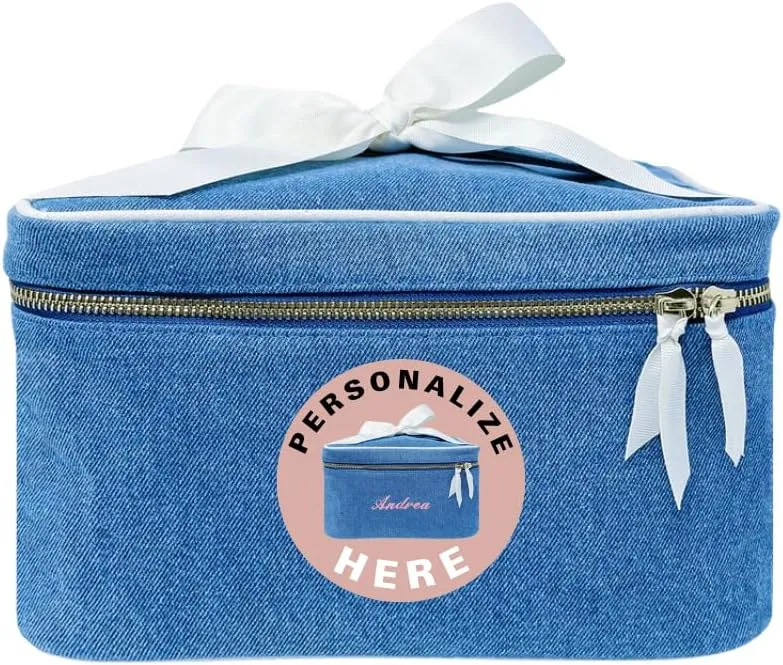 Personalized Makeup Bag for Women | Cosmetic Bag Organizer for Girls with Monogramming | Makeup Pouch for Traveling | Toiletry Bags for Women | Make Up Travel Pouches | Denim