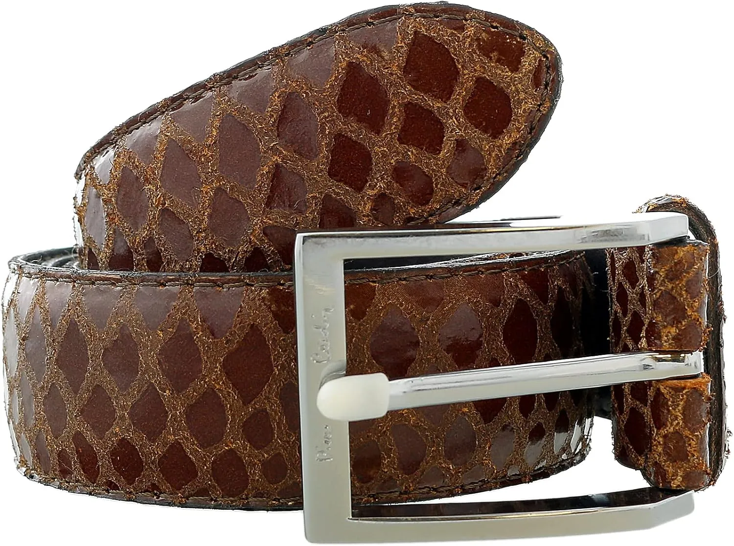 Pierre Cardin Brown Python Embossed Silver D-Ring Buckle Adjustable Belt Adjustable Mens Belt-34 for Mens