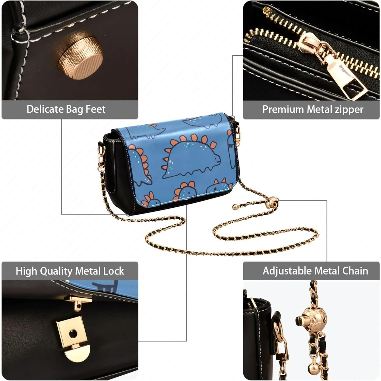 Pink Flowers PU Leather Shoulder Bag Black Women Crossbody Bag Purses Clutch Handbags with Chain Strap