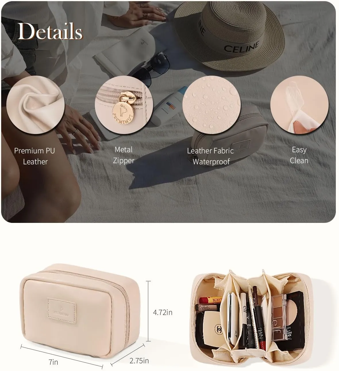 Pocmimut Christmas Gifts, Makeup Bag Small Pouch Purse Travel Essentials,Open Flat Make Pouch Christmas Birthday Gifts for Mom and Lover,Beige