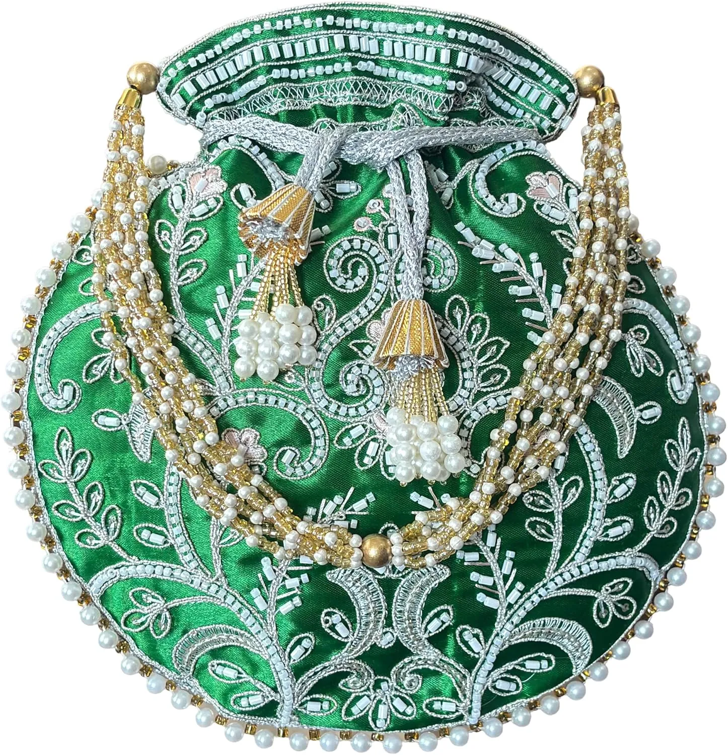Potli Bag for Women Ethnic Gold, Pearl Handle Floral Accents, Drawstring Closure Pearls Handle Batwa Clutch Purse