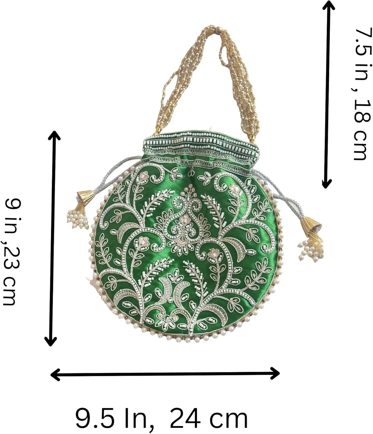 Potli Bag for Women Ethnic Gold, Pearl Handle Floral Accents, Drawstring Closure Pearls Handle Batwa Clutch Purse