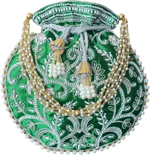 Potli Bag for Women Ethnic Gold, Pearl Handle Floral Accents, Drawstring Closure Pearls Handle Batwa Clutch Purse