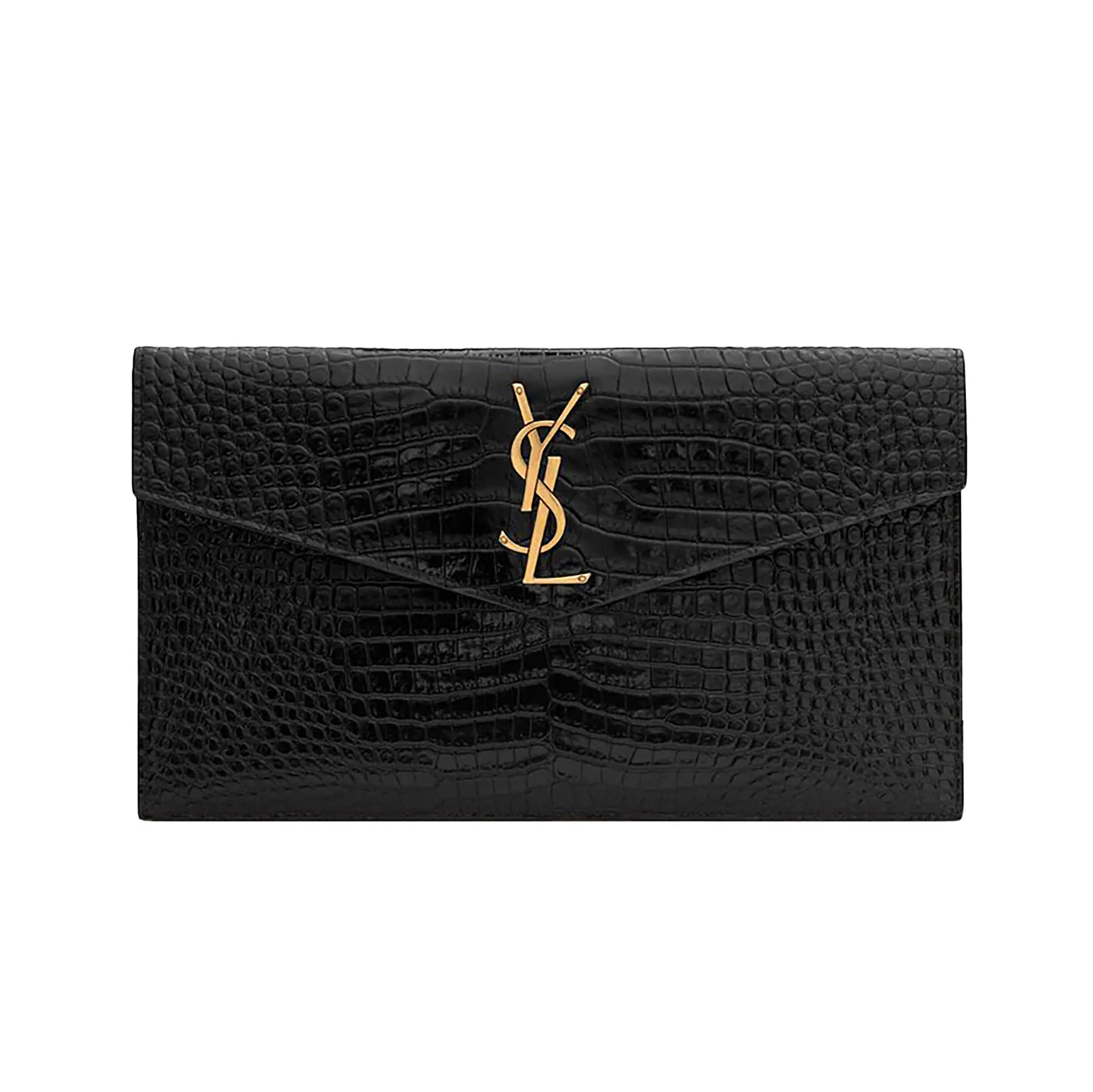 PRE-OWNED Black Croc Embossed Calfskin Uptown Clutch