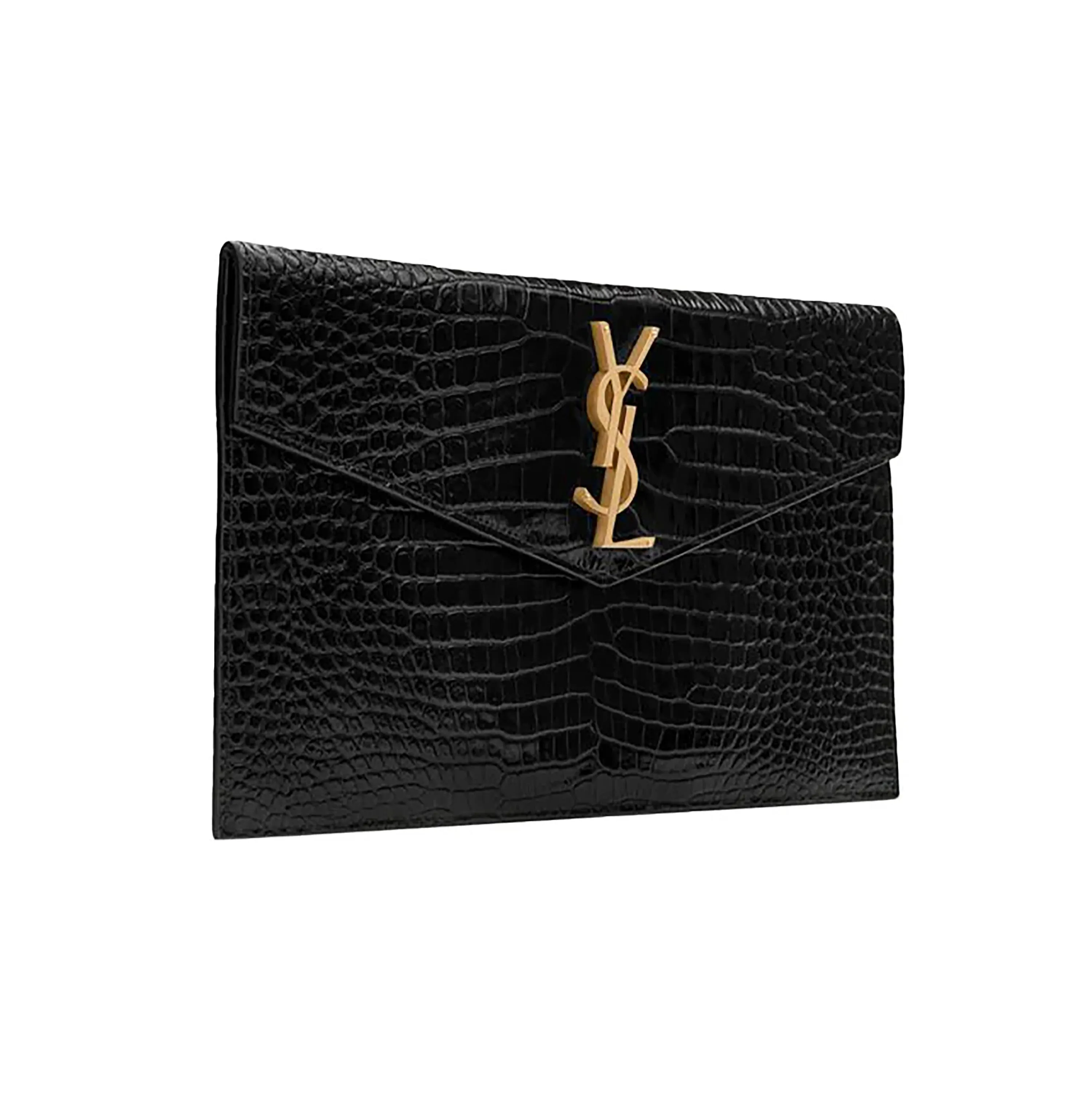 PRE-OWNED Black Croc Embossed Calfskin Uptown Clutch