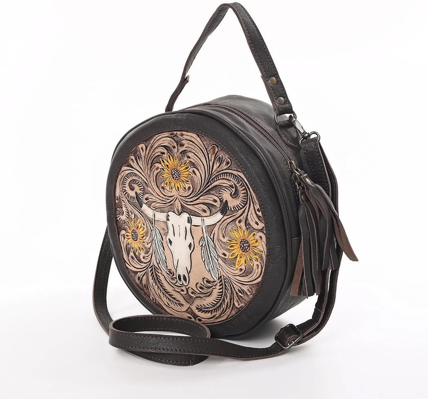Premium Handtooled Leather Round Western Crossbody Bag Purses For Women
