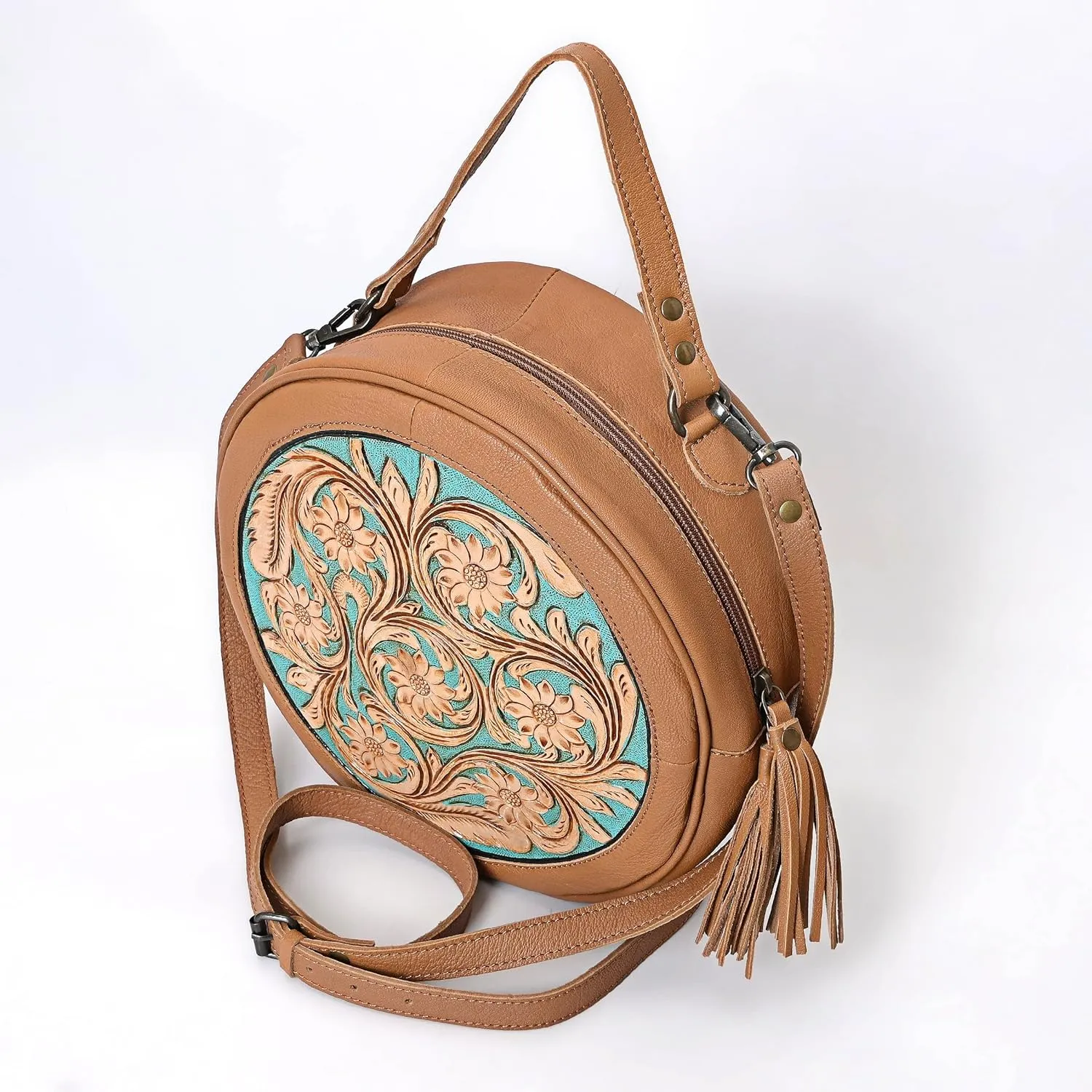 Premium Handtooled Leather Round Western Crossbody Bag Purses For Women