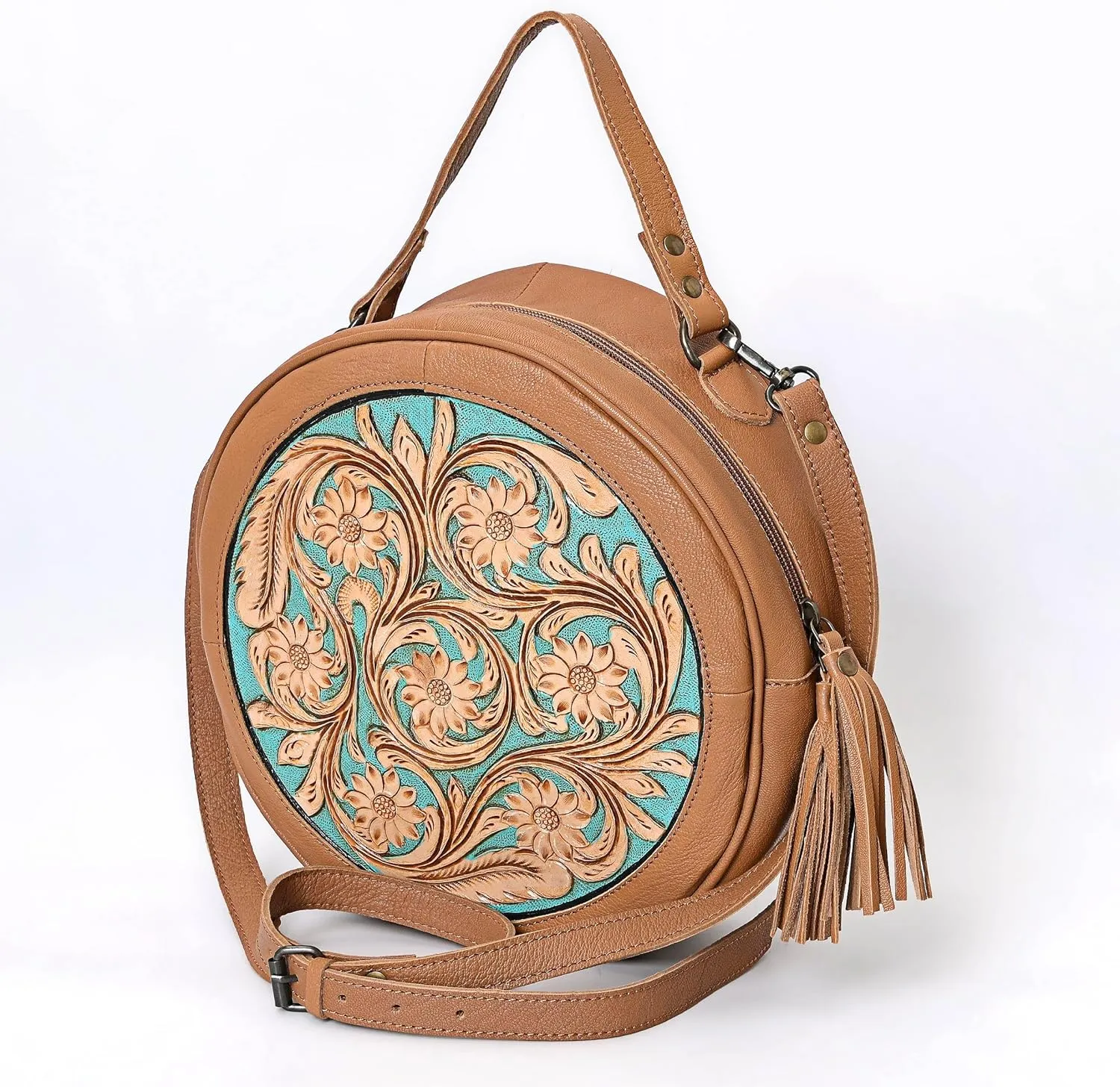 Premium Handtooled Leather Round Western Crossbody Bag Purses For Women