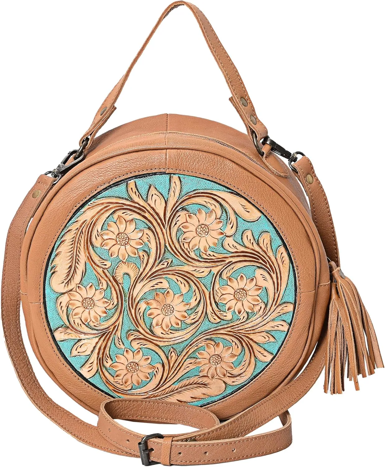 Premium Handtooled Leather Round Western Crossbody Bag Purses For Women