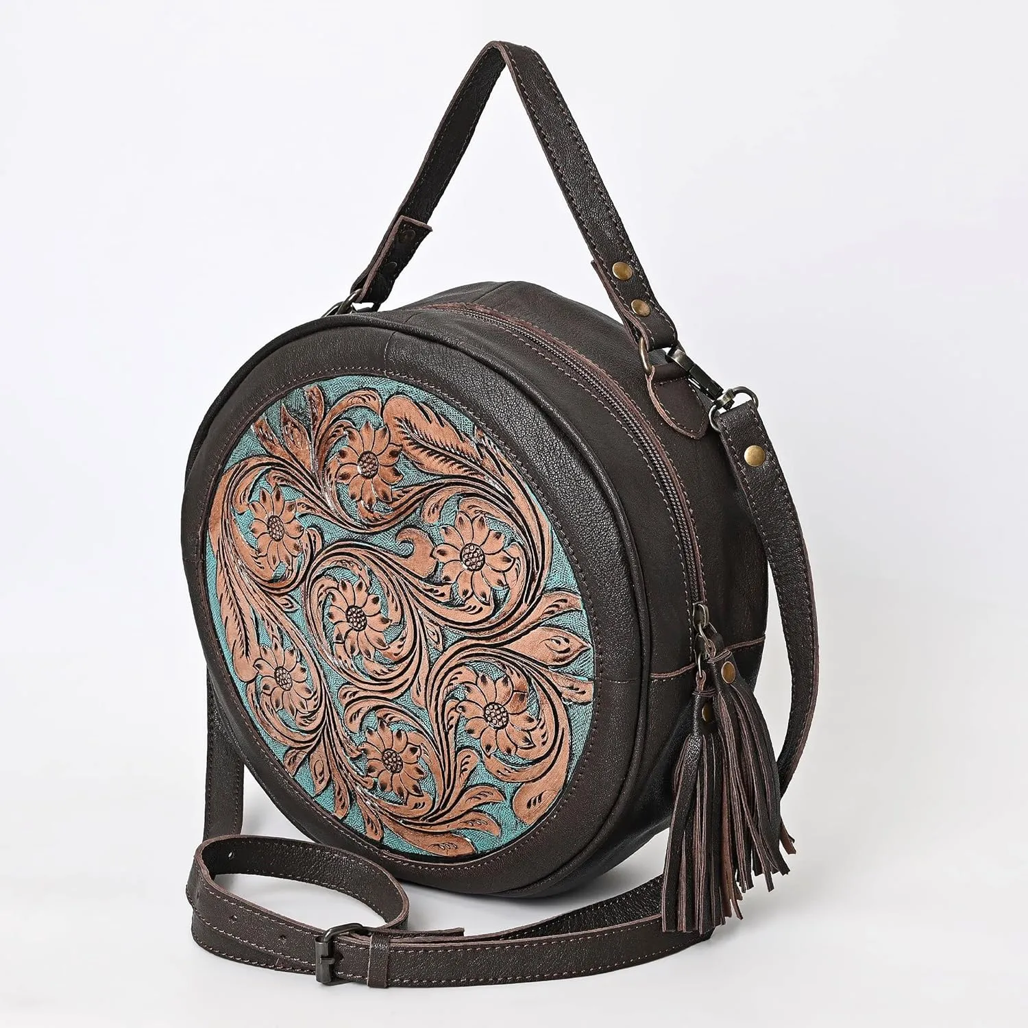 Premium Handtooled Leather Round Western Crossbody Bag Purses For Women