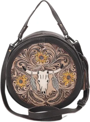 Premium Handtooled Leather Round Western Crossbody Bag Purses For Women