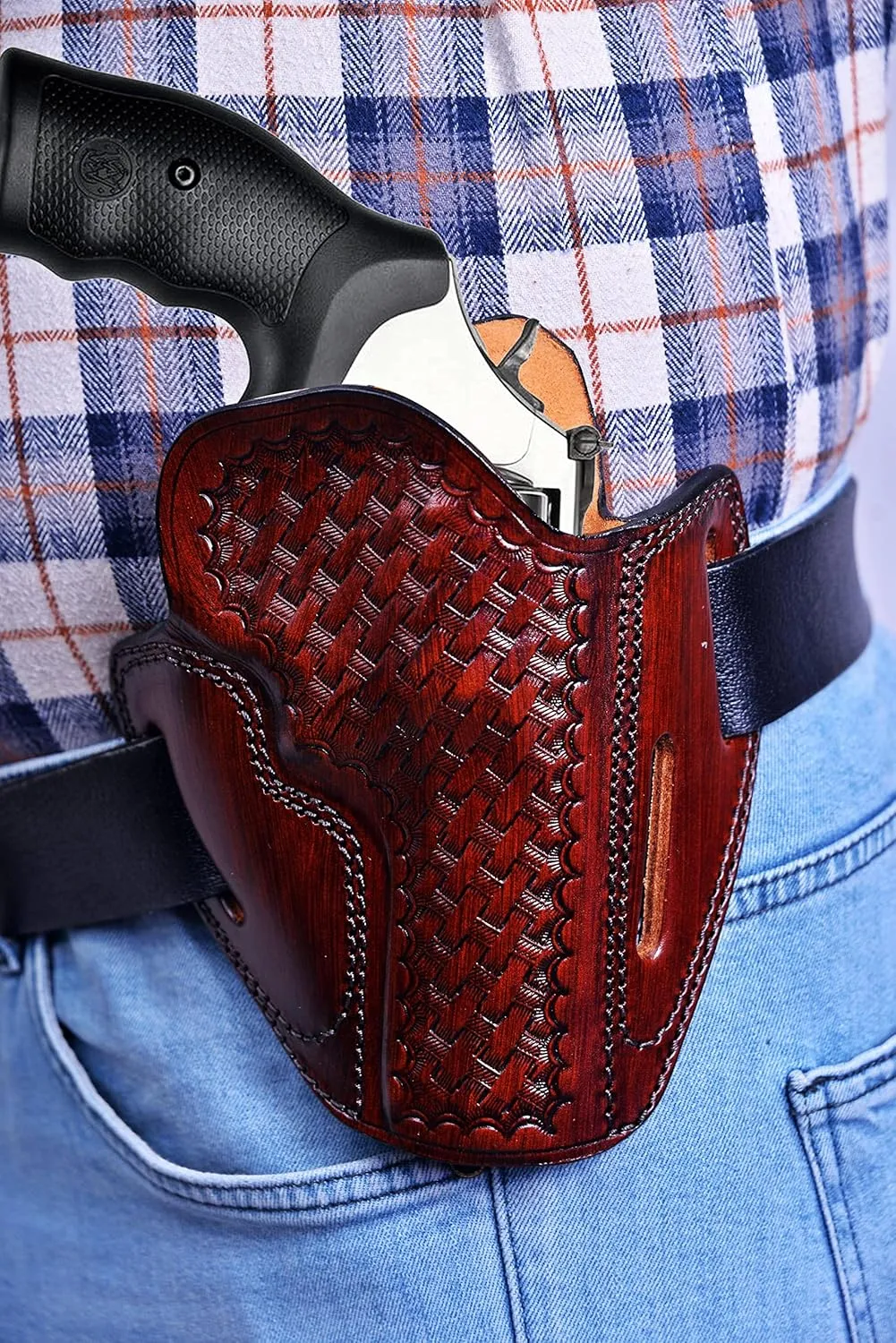 Premium Leather Belt Holster fits Colt King Cobra or Colt Python, Handcrafted, 3 Slot Pancake, Basket Pattern, Right Handed, PulsarHolster