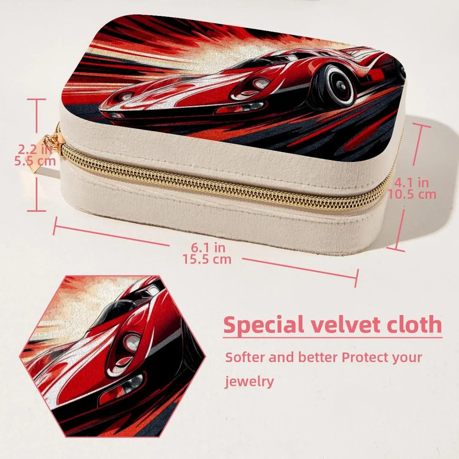PU Leather Jewelry Box, Portable Organizer for Women Girls, Travel Case Display Storage Holder for Rings Earrings Necklaces - Cool Racer Speedway Race Car