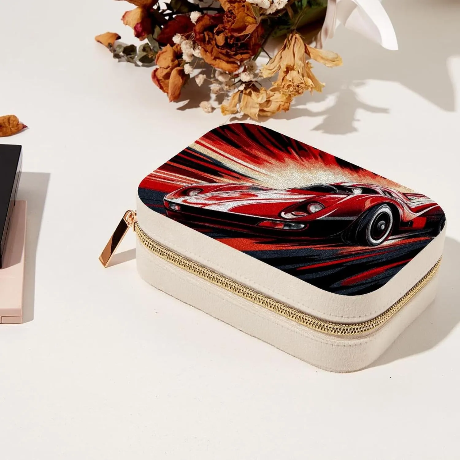 PU Leather Jewelry Box, Portable Organizer for Women Girls, Travel Case Display Storage Holder for Rings Earrings Necklaces - Cool Racer Speedway Race Car