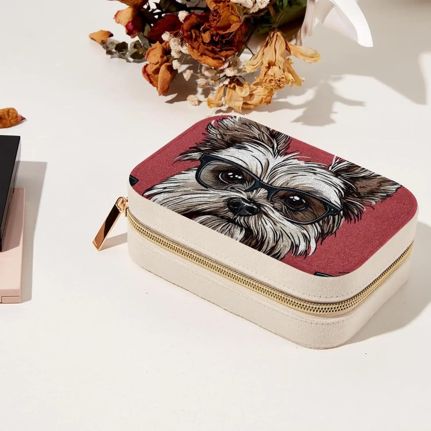 PU Leather Jewelry Box, Portable Organizer for Women Girls, Travel Case Display Storage Holder for Rings Earrings Necklaces - Dog York Bows Glasses