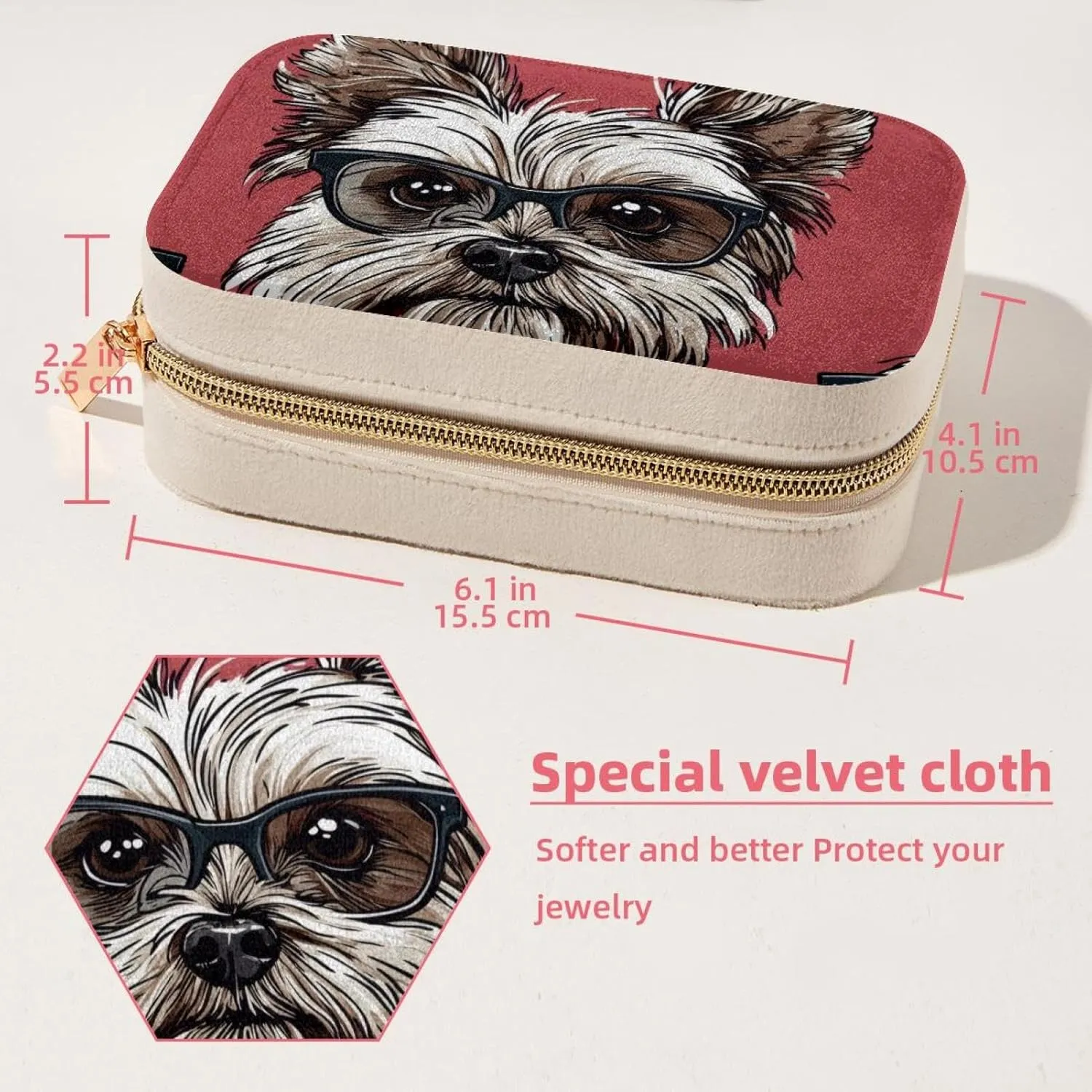 PU Leather Jewelry Box, Portable Organizer for Women Girls, Travel Case Display Storage Holder for Rings Earrings Necklaces - Dog York Bows Glasses