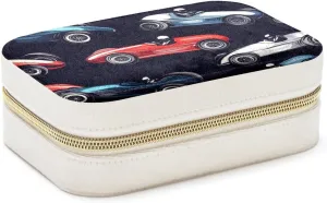 PU Leather Jewelry Box, Portable Organizer for Women Girls, Travel Case Display Storage Holder for Rings Earrings Necklaces - Racing Cars Pattern