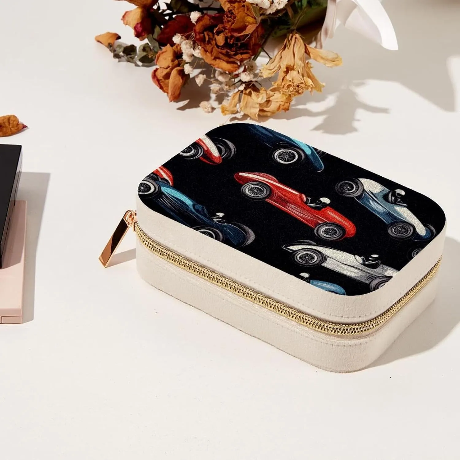PU Leather Jewelry Box, Portable Organizer for Women Girls, Travel Case Display Storage Holder for Rings Earrings Necklaces - Racing Cars Pattern